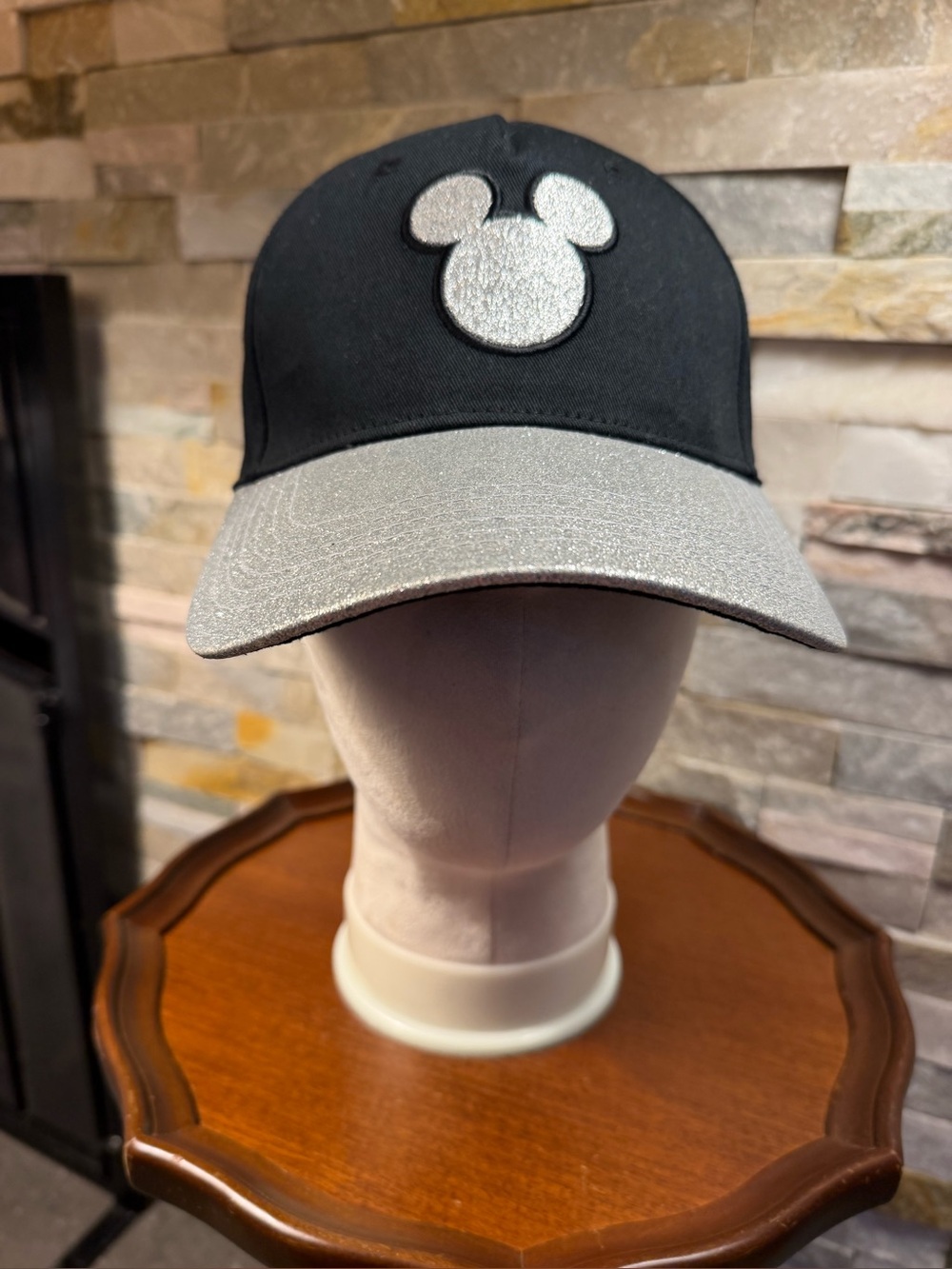 Disney OS Black Baseball Sparkly Silver Glitter Brim Mickey Mouse Silhouette Cap